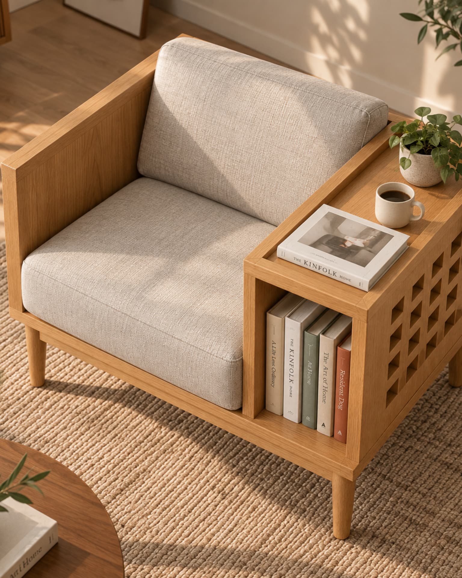 Angled view of a reading chair with a side bookshelf
