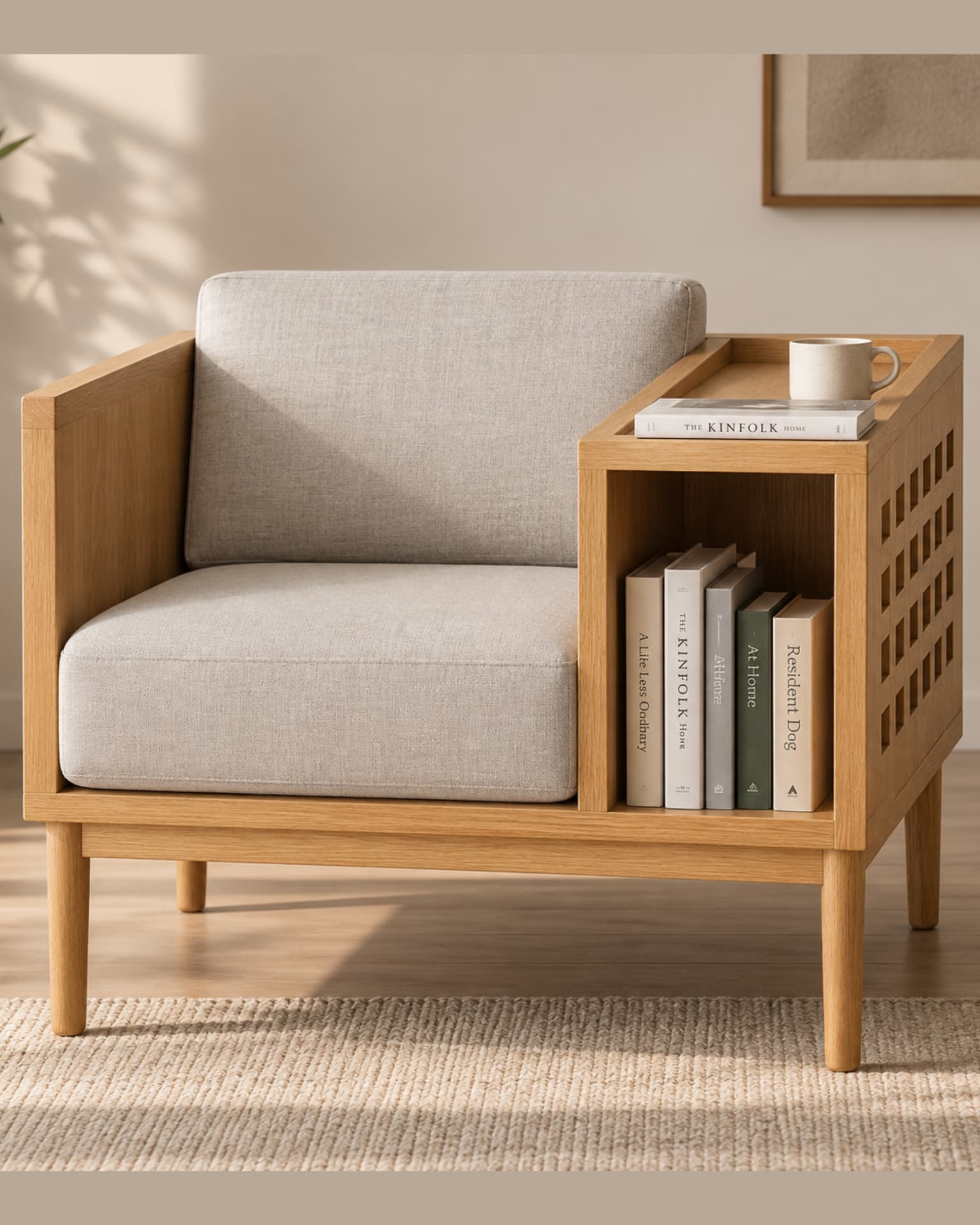 Upholstered wooden reading chair with an integrated bookcase