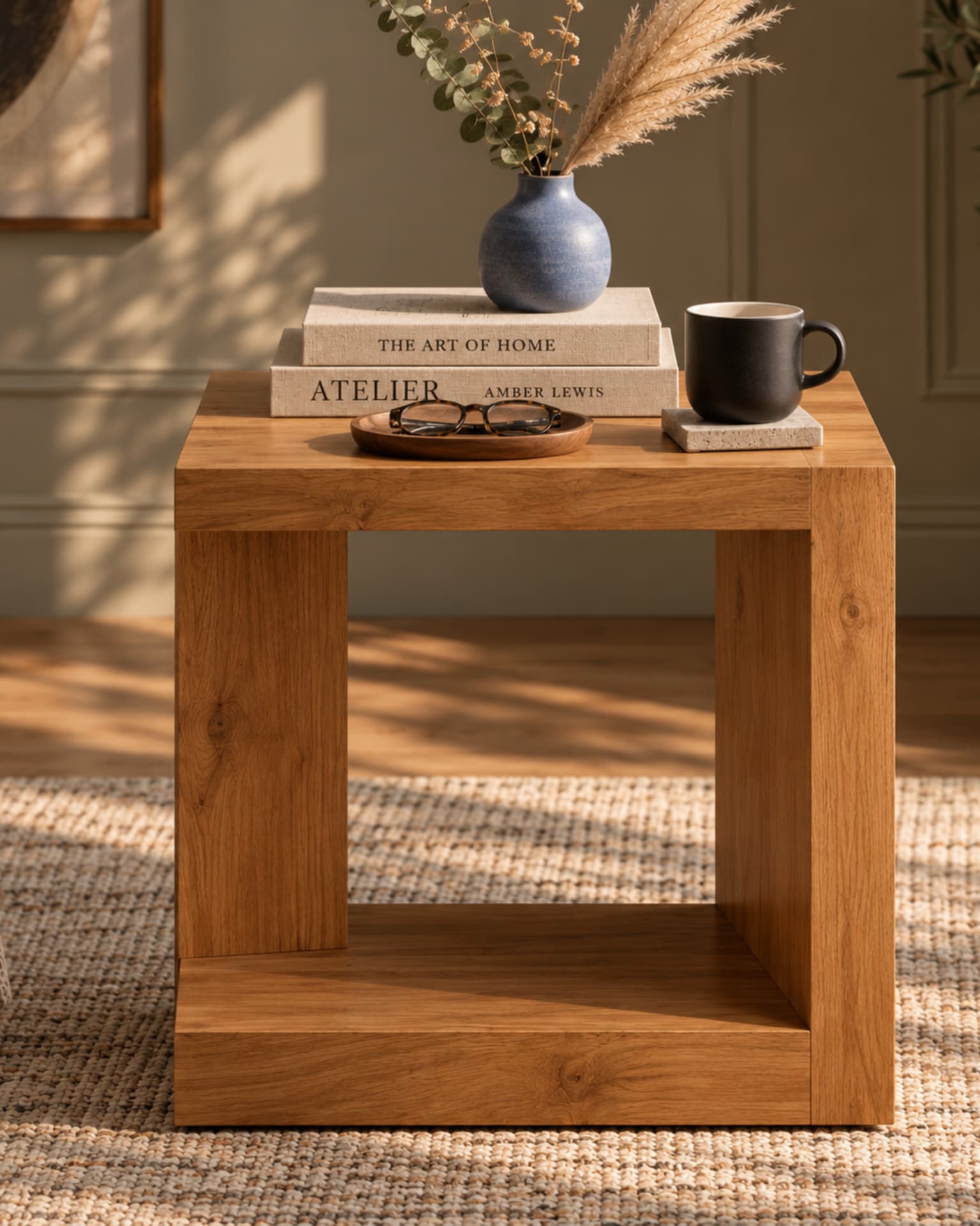 Front view of a styled solid-wood side table