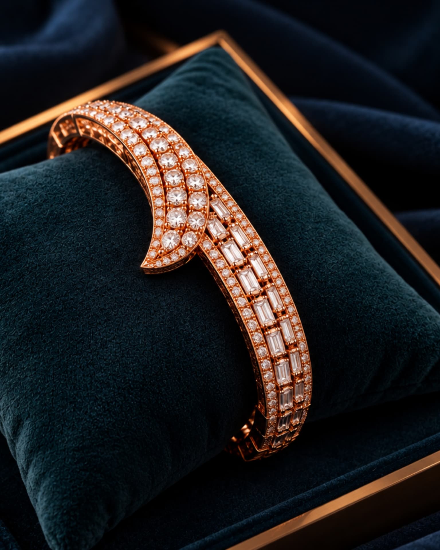 Rose-gold diamond bracelet photographed on a velvet cushion