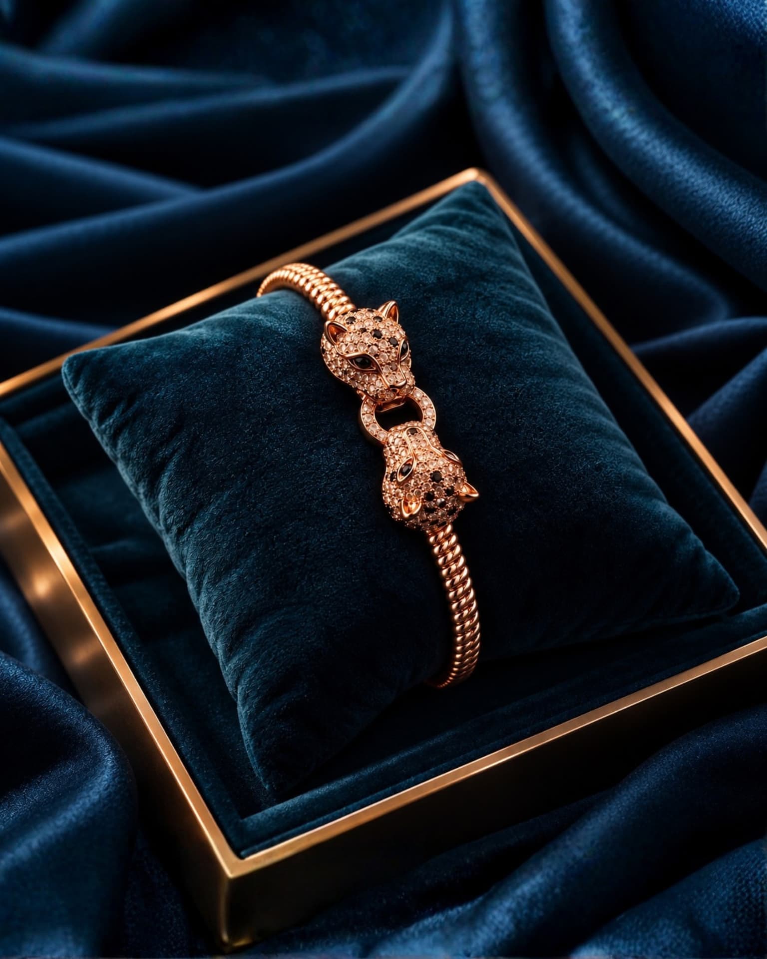 Panther bracelet on a velvet cushion in a gold-edged tray