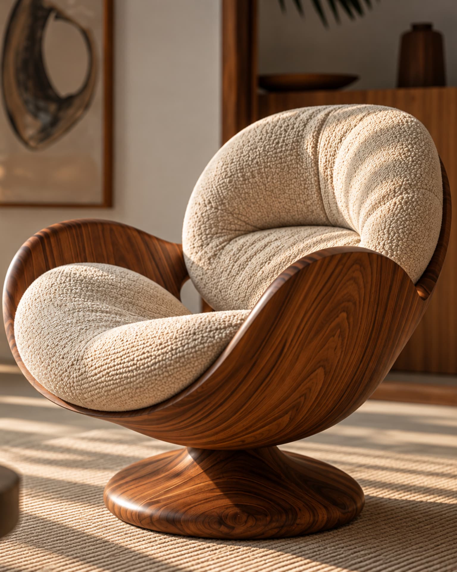 Side view of a sculptural wooden swivel chair