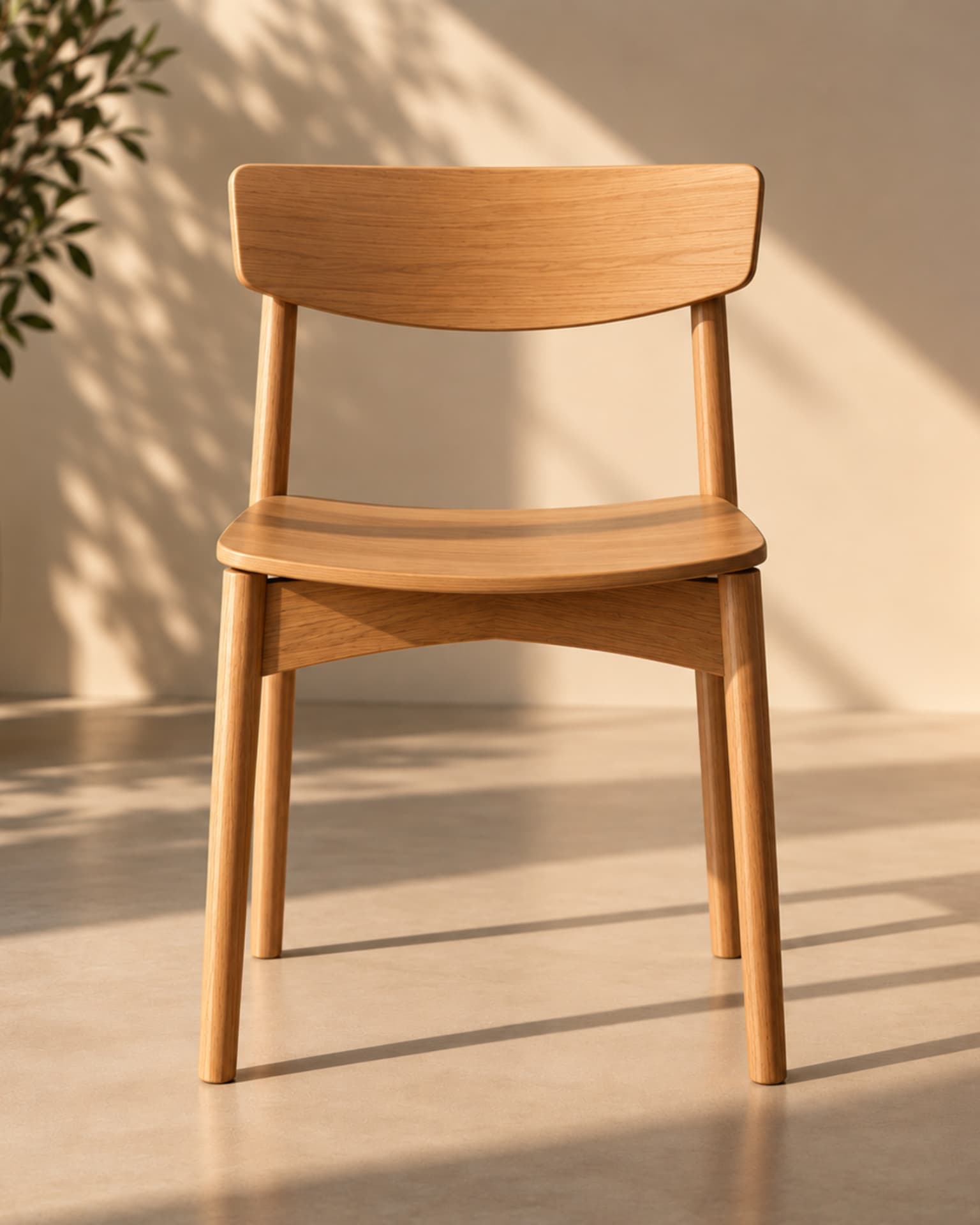 Front view of a minimal oak dining chair