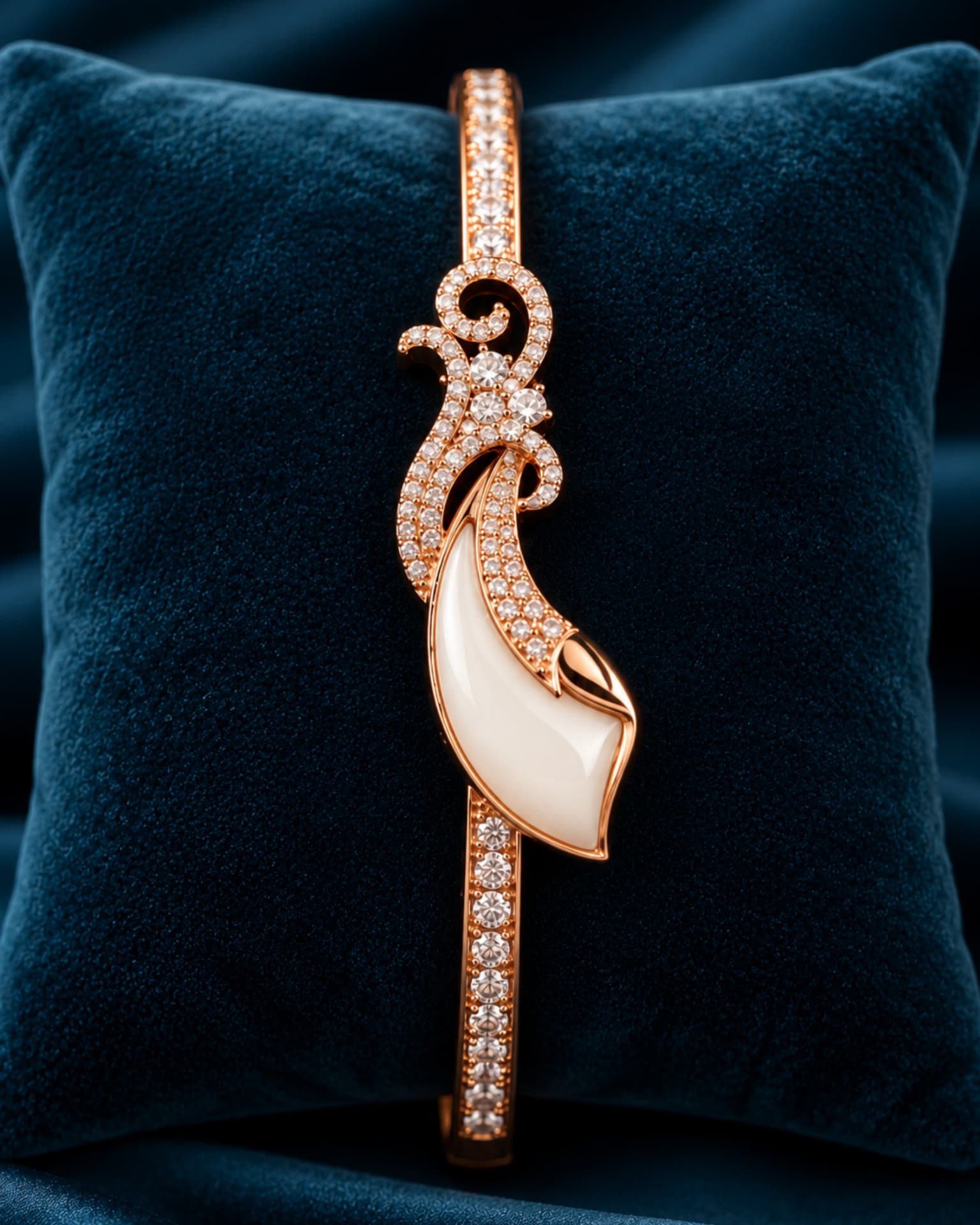 Rose-gold bracelet with white sculptural centerpiece on dark velvet