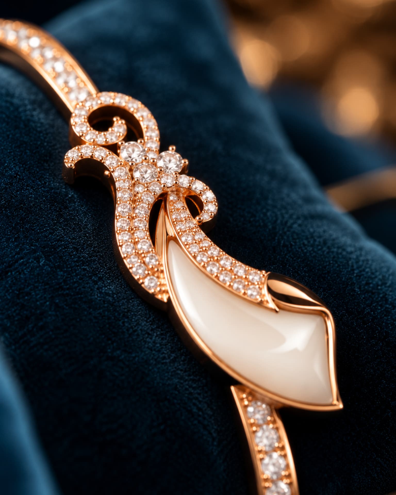 Close detail of the white and diamond bracelet centerpiece