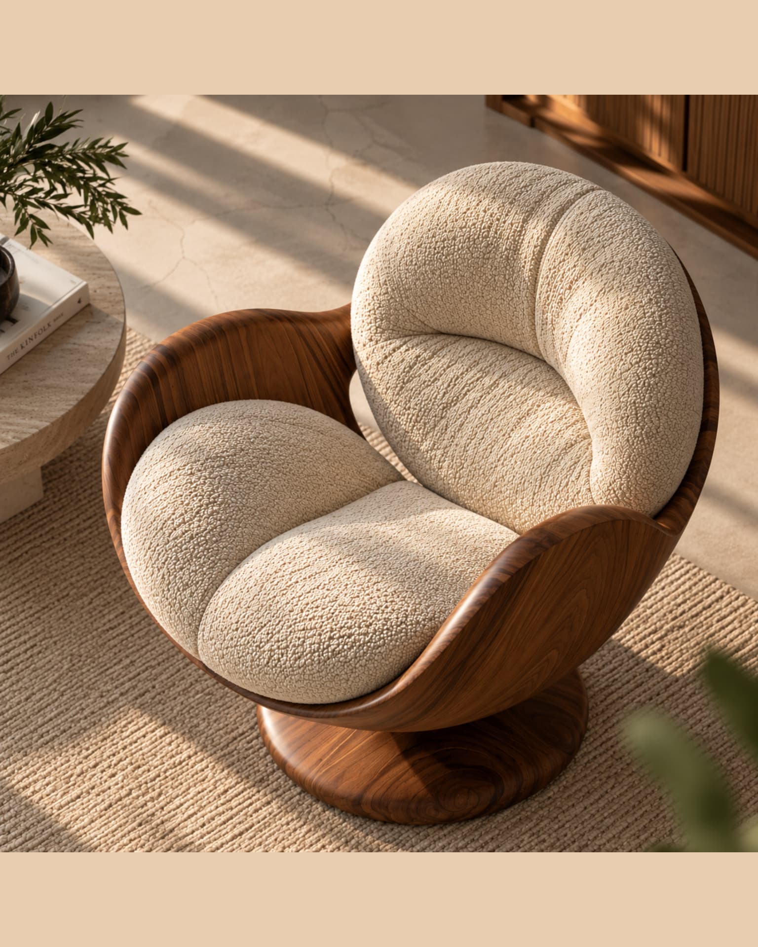 Elevated angle of a bouclé and wood swivel chair