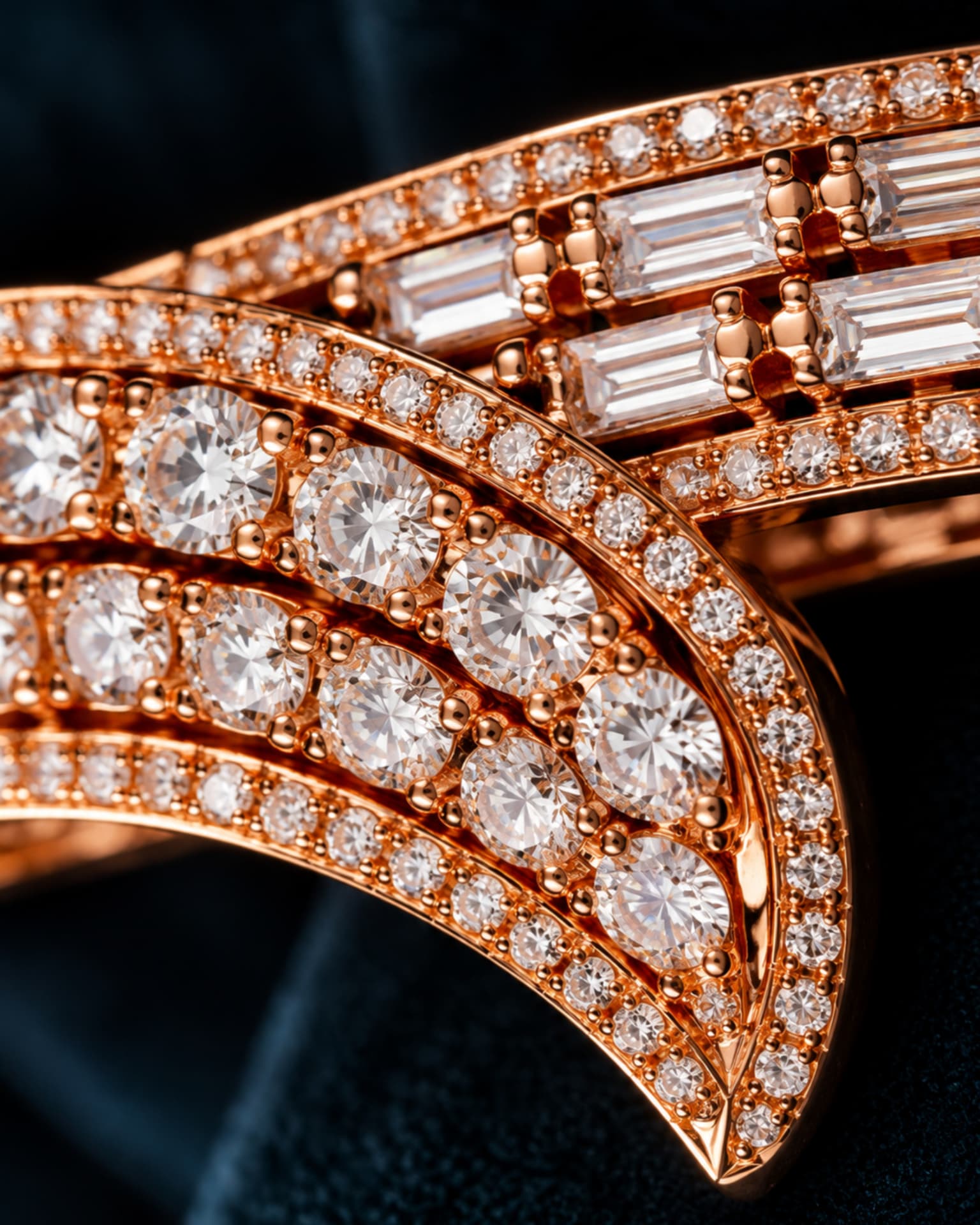 Macro detail of the rose-gold bracelet and its diamonds