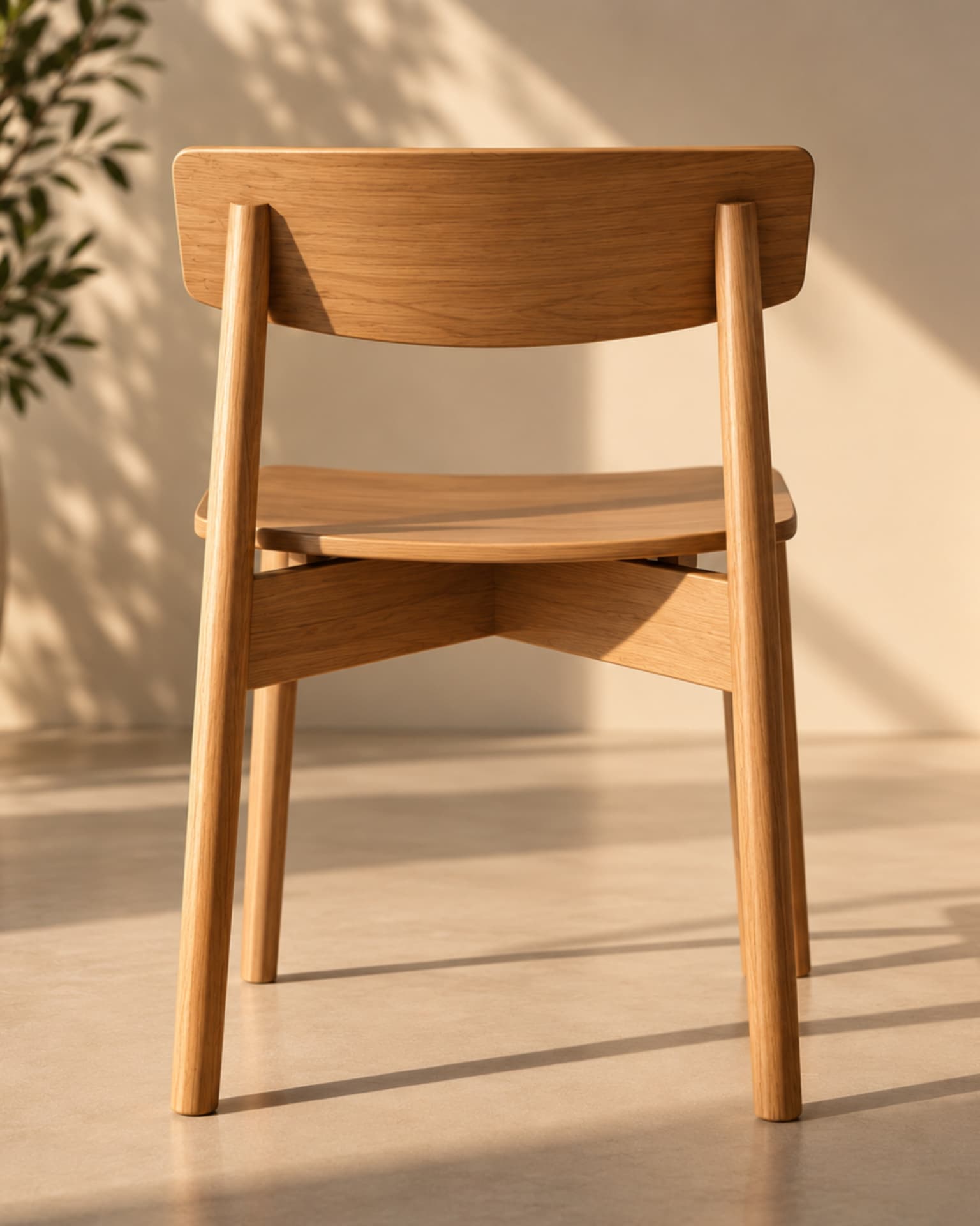 Back view of the oak dining chair in warm sunlight