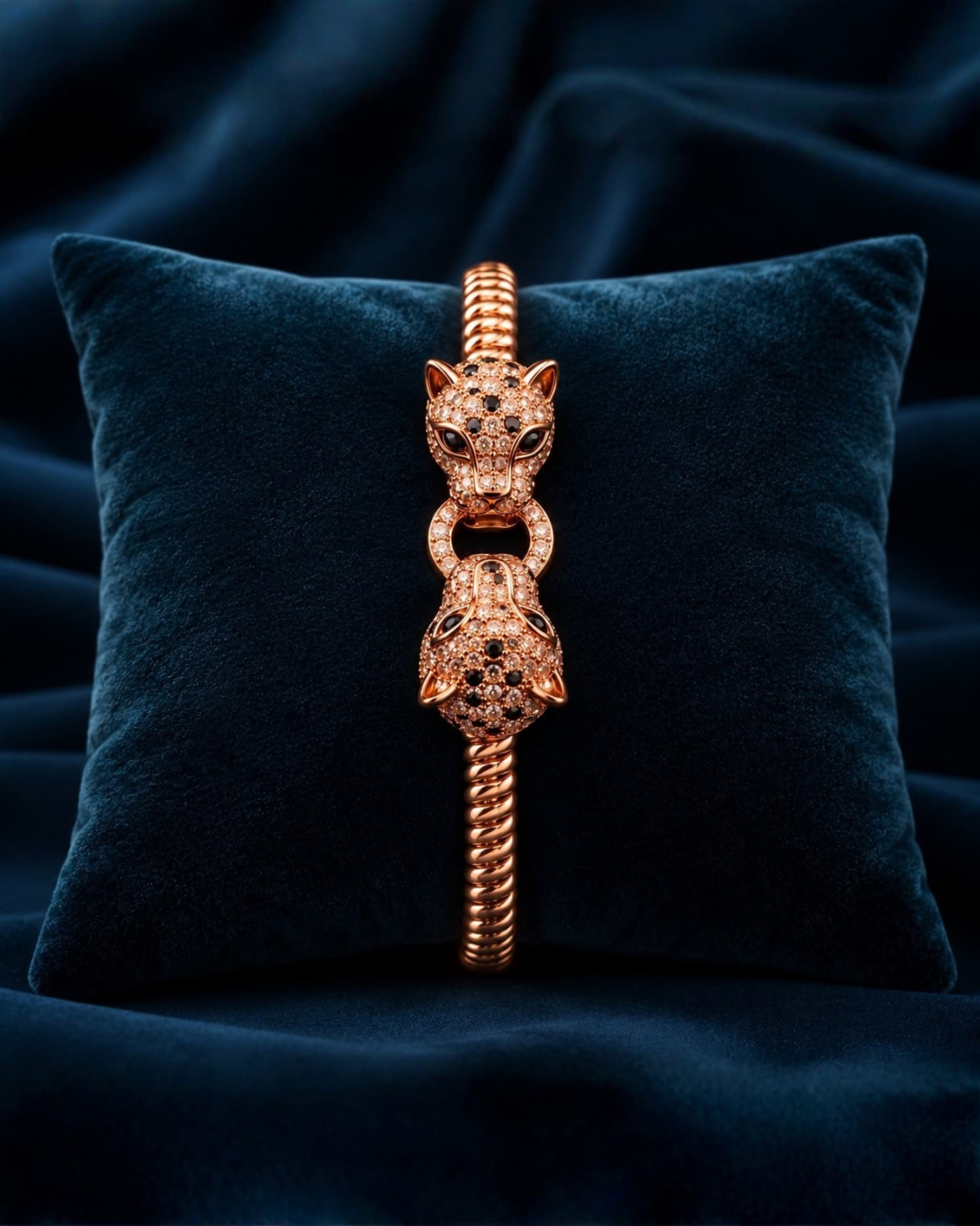Rose-gold panther bracelet displayed on dark velvet