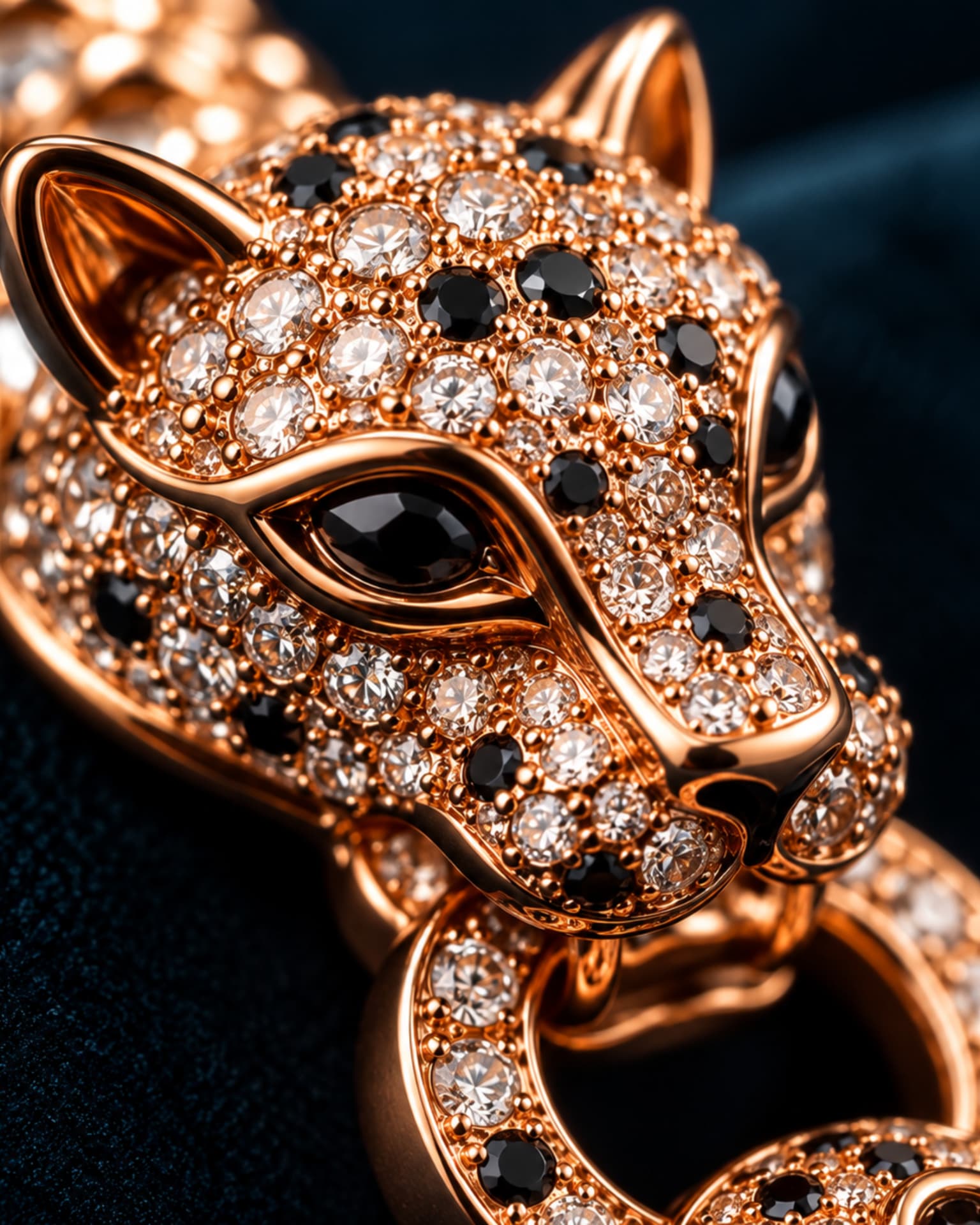 Macro photograph of the panther bracelet and black gemstones